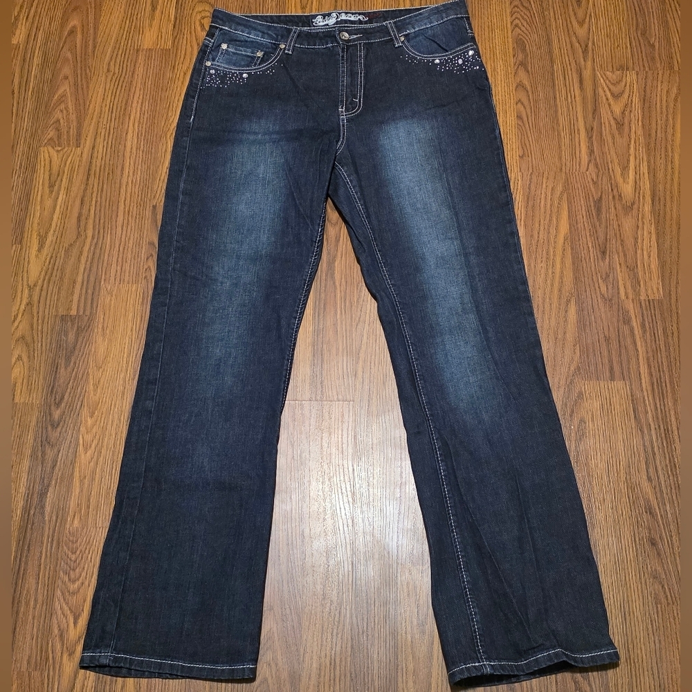 Womens Lois Jeans Size 33 Dark Blue Denim Rhinestone Embellished E17